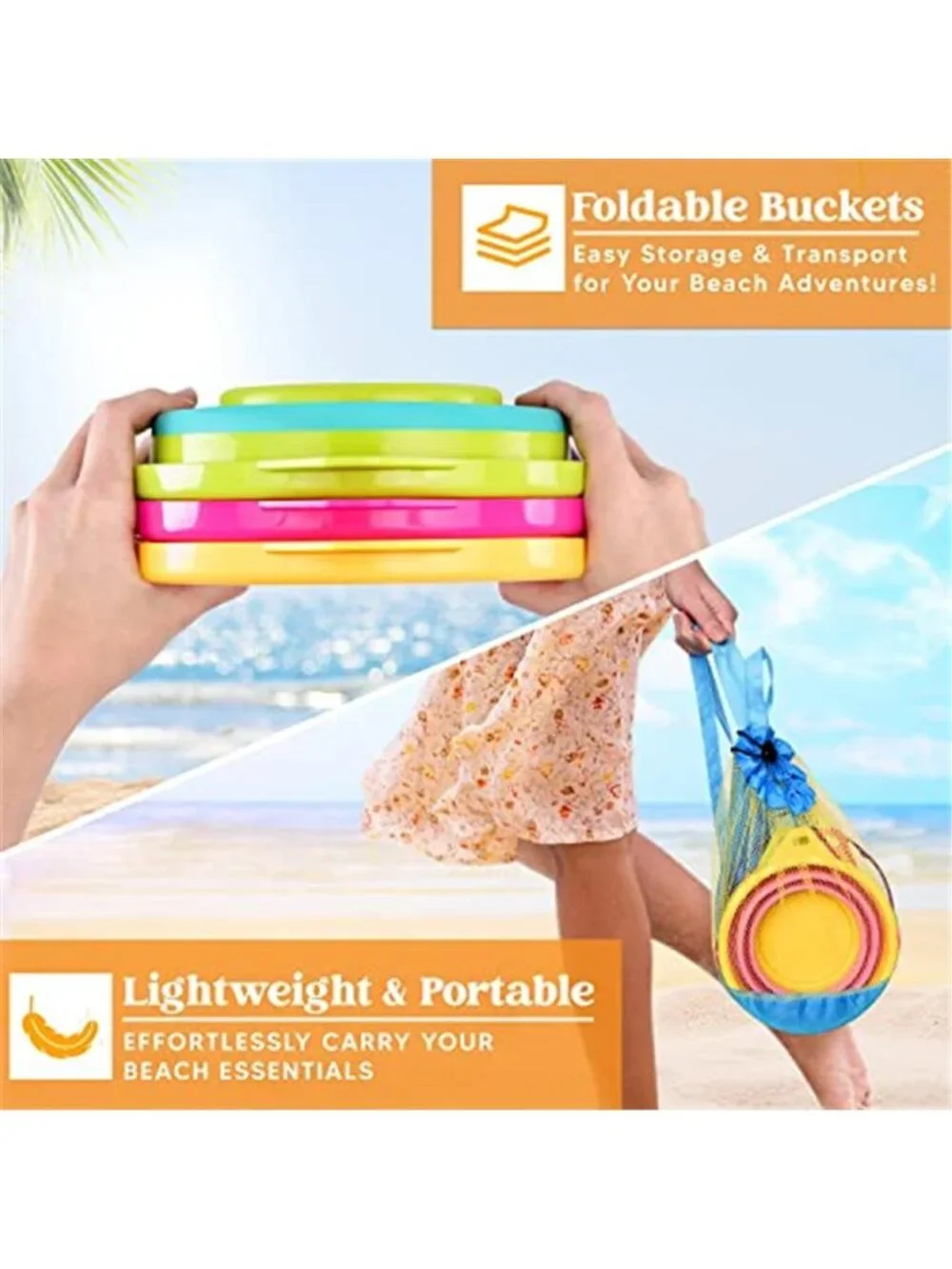 Foldable Beach Bucket Set - 3 Packs Collapsible Toy Buckets with Shovels